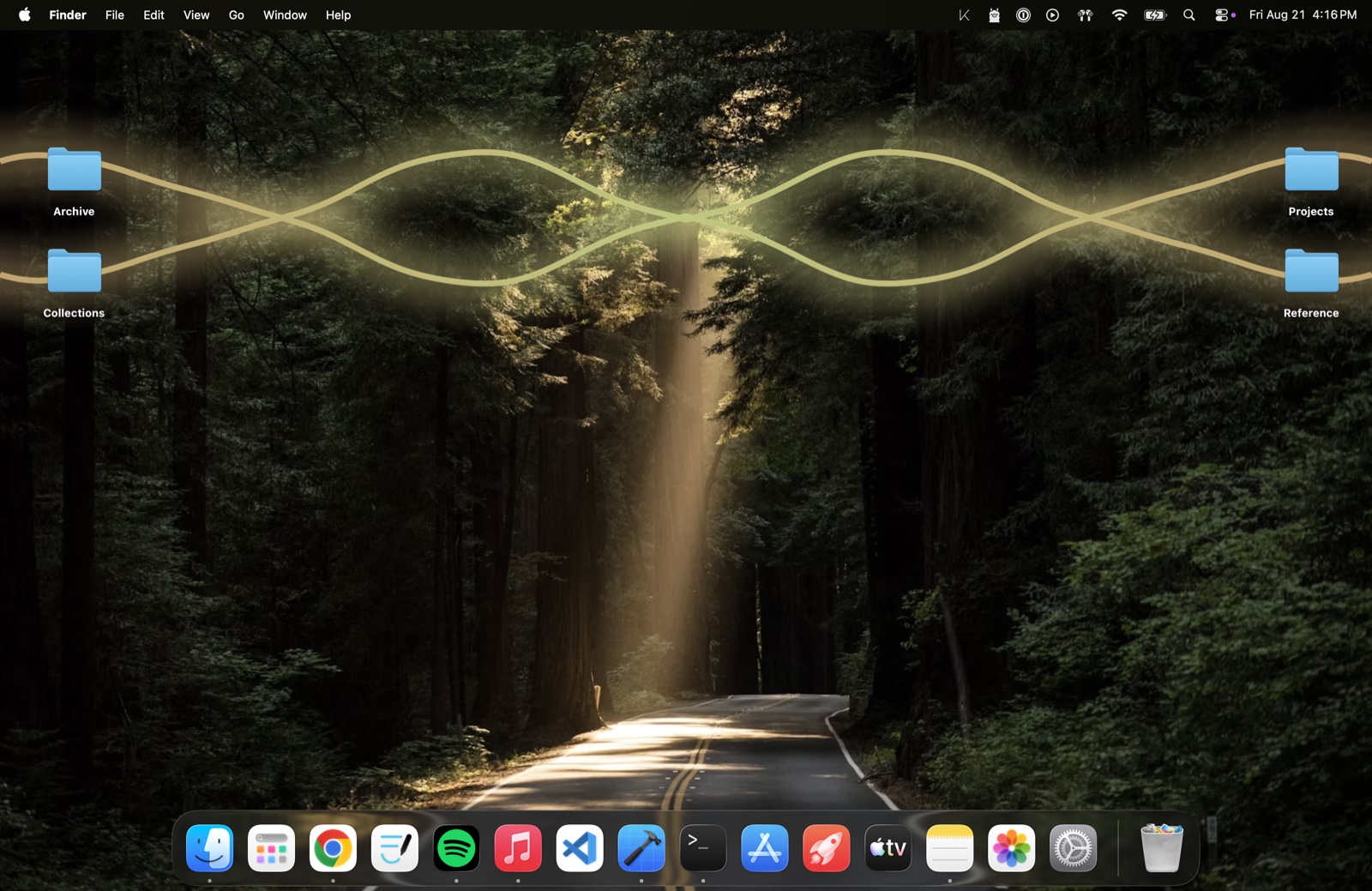 A redwood forest wallpaper, with the trace drawn in the green and gold of its light.